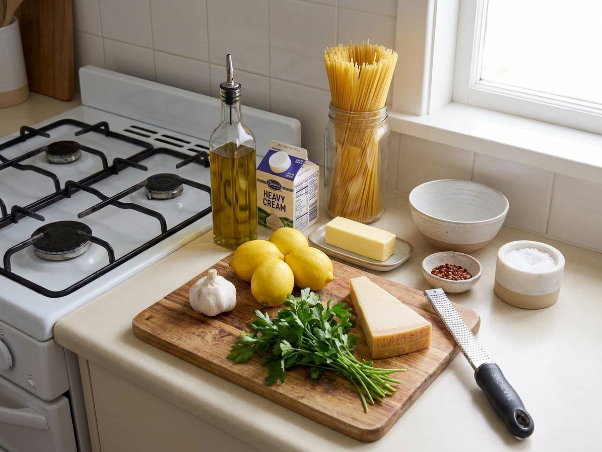A neat ingredient setup on a kitchen counter with lemons, garlic, Parmesan, butter, olive oil, cream, parsley, and dry spaghetti
