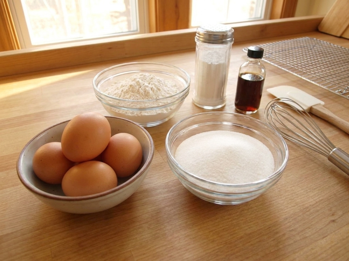 A neat ingredient setup on a kitchen counter with whole eggs, a bowl of granulated sugar, a bowl of flour, powdered sugar, and vanilla extract ready for making ladyfingers