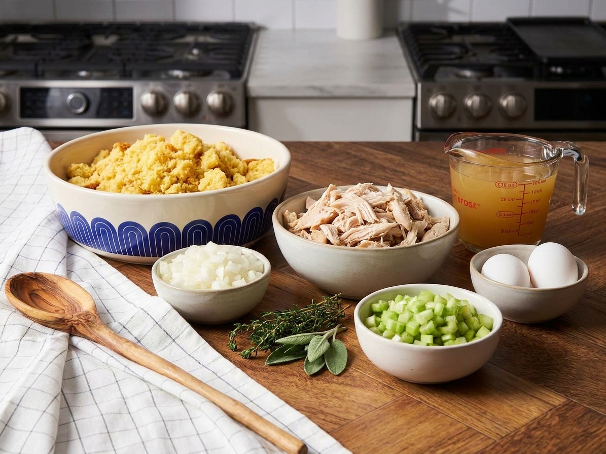A neat ingredient setup on a kitchen counter with crumbled cornbread, shredded cooked chicken, diced onion and celery, herbs, eggs, and a bowl of chicken broth
