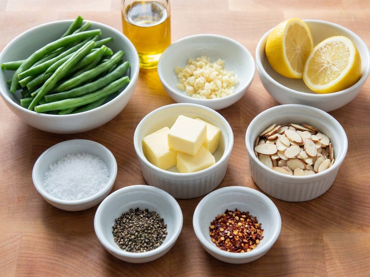 A neat ingredient setup on a kitchen counter with French green beans, garlic, lemon, butter, olive oil, sliced almonds, salt, pepper, and red pepper flakes in small bowls