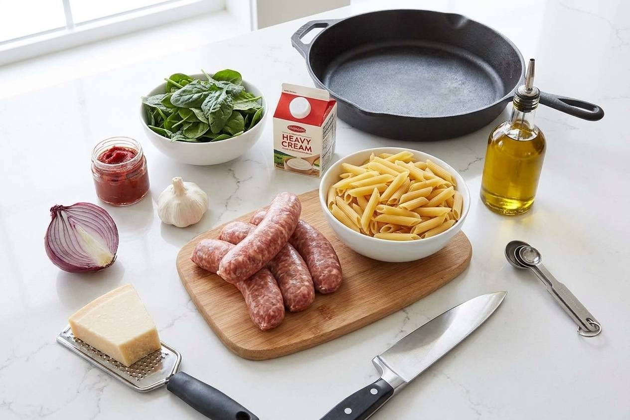 A neat ingredient setup on a kitchen counter with sweet Italian sausage, pasta, spinach, garlic, onion, tomato paste, cream, Parmesan, and olive oil