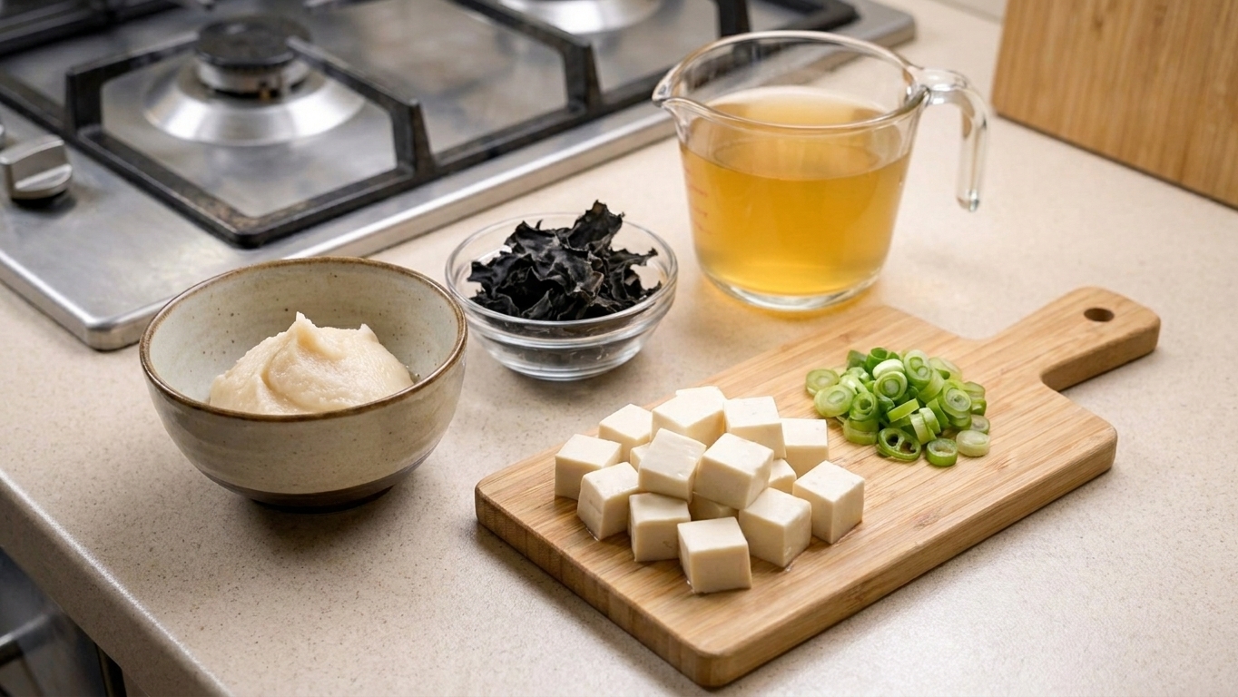 A neat ingredient setup on a kitchen counter with white miso paste in a small bowl, dried wakame in a pinch bowl, cubed silken tofu, sliced scallions, and dashi