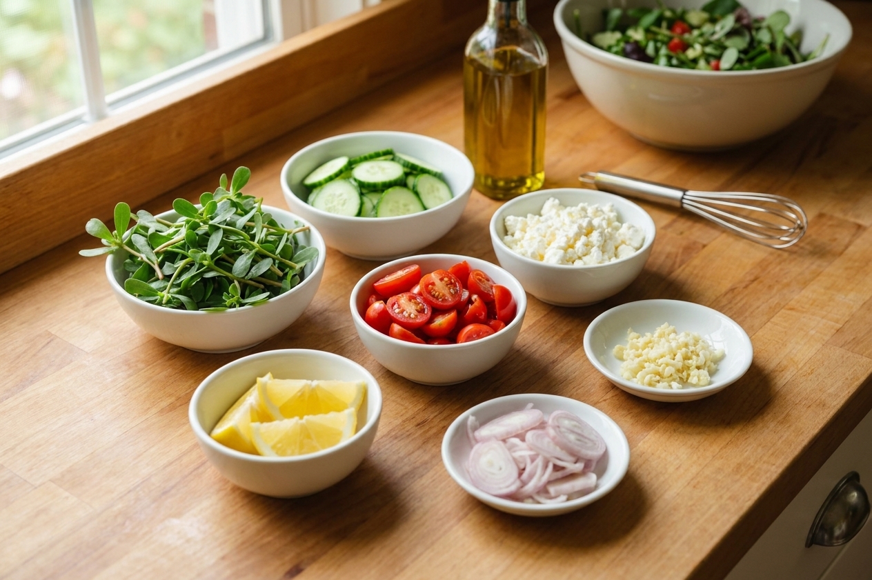 A neat ingredient setup on a kitchen counter with purslane, sliced cucumbers, cherry tomatoes, feta, lemon, olive oil, garlic, and shallot in small bowls