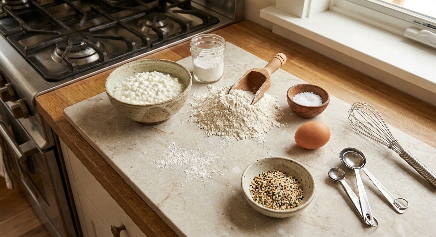 A neat ingredient setup on a light stone kitchen counter showing cottage cheese, flour, baking powder, salt, an egg, and a small bowl of everything bagel seasoning