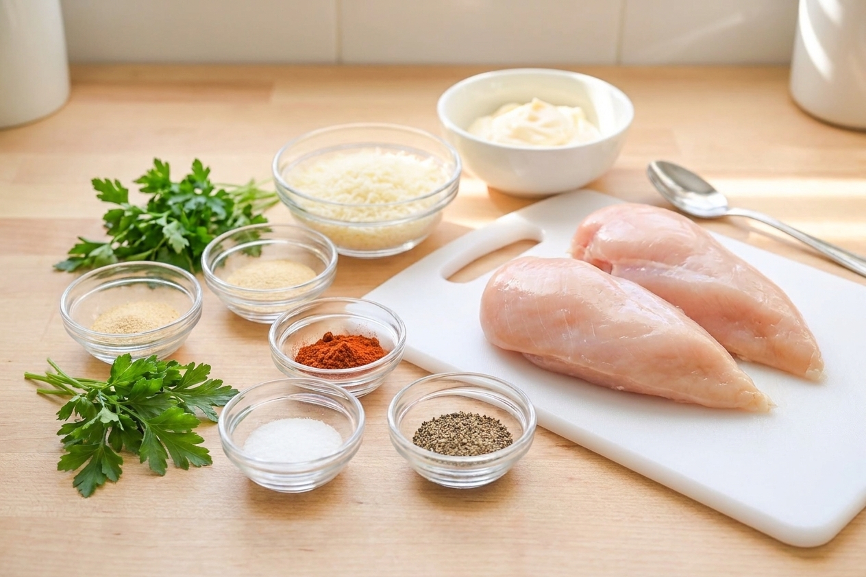 A neat ingredient setup with raw chicken breasts, mayonnaise, grated Parmesan, garlic powder, onion powder, paprika, salt, pepper, and fresh parsley on a light kitchen counter