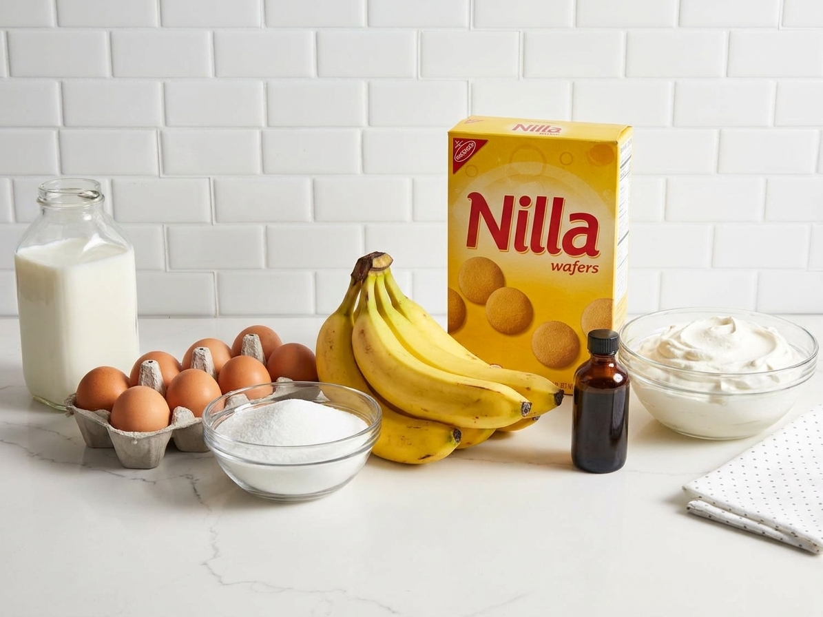 A neat lineup of banana pudding ingredients including milk, eggs, sugar, bananas, Nilla Wafers, vanilla, and a bowl of whipped cream on a clean kitchen counter