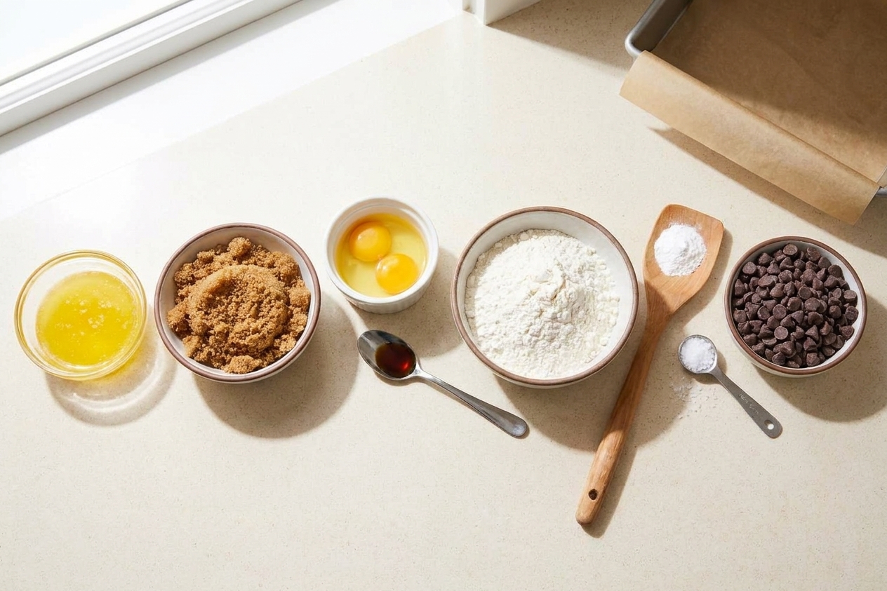 A neat lineup of blondie ingredients including brown sugar, flour, melted butter, eggs, vanilla, baking powder, salt, and chocolate chips on a bright kitchen counter