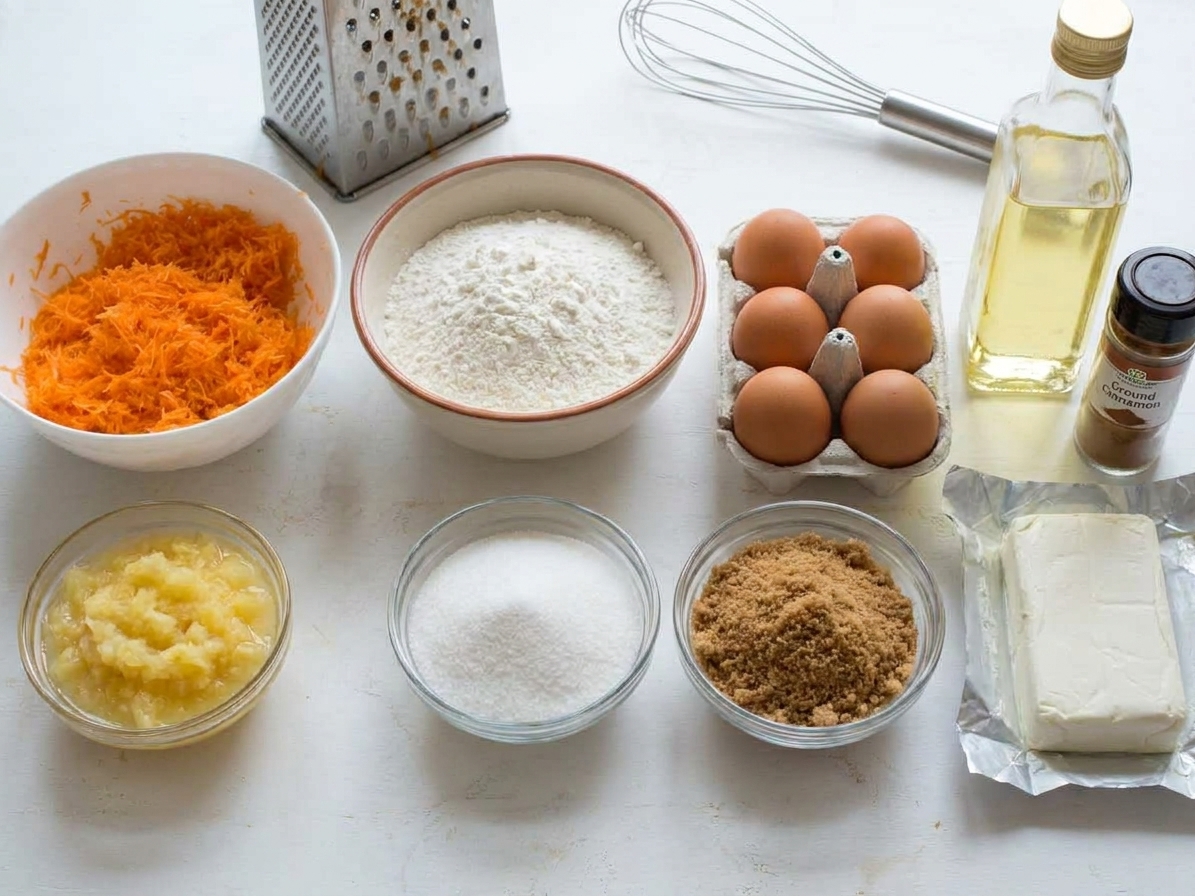A neat lineup of carrot cake ingredients on a light kitchen counter, including grated carrots, a bowl of crushed pineapple, flour, sugars, eggs, oil, cinnamon, and cream cheese