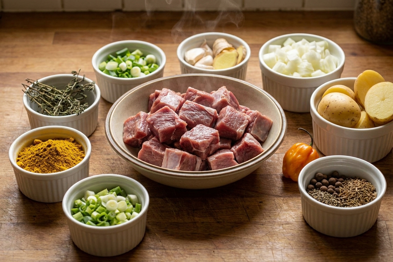 A neat lineup of curry goat ingredients on a kitchen counter: cubed goat meat in a bowl, curry powder, thyme, scallions, garlic, ginger, onions, potatoes, Scotch bonnet pepper, and spices in small ramekins