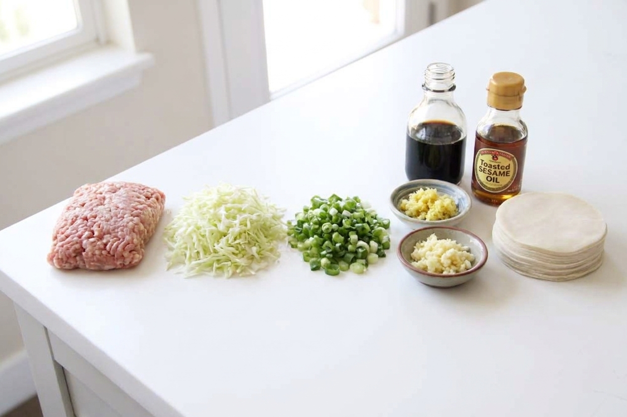 A neat lineup of dumpling filling ingredients on a kitchen counter, including ground pork, shredded cabbage, scallions, ginger, garlic, soy sauce, sesame oil, and round dumpling wrappers