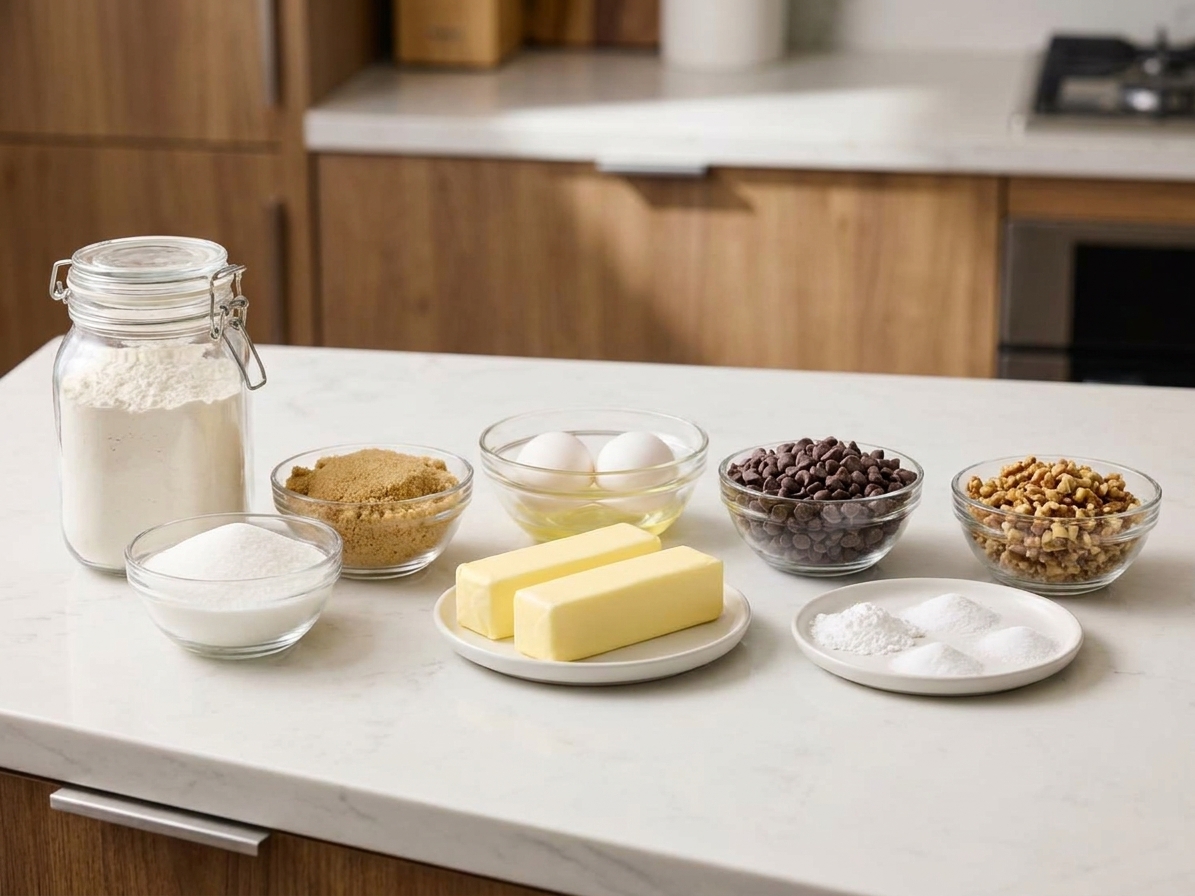 A neat lineup of flour, sugar, brown sugar, butter, eggs, chocolate chips, walnuts, baking powder, baking soda, and salt on a bright kitchen counter in natural light