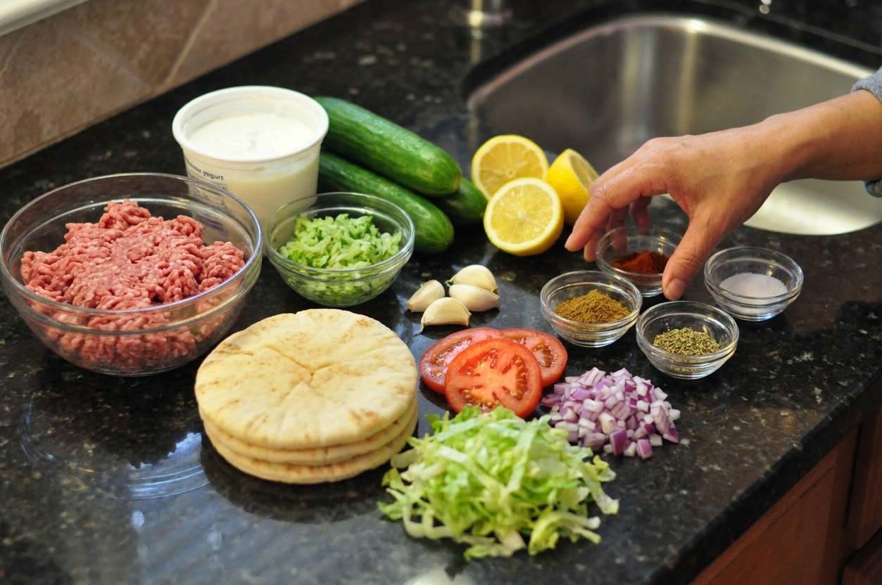 A neat lineup of gyro ingredients on a kitchen counter including ground lamb, plain yogurt, cucumber, garlic, lemons, pita, tomatoes, red onion, lettuce, and spices in small bowls