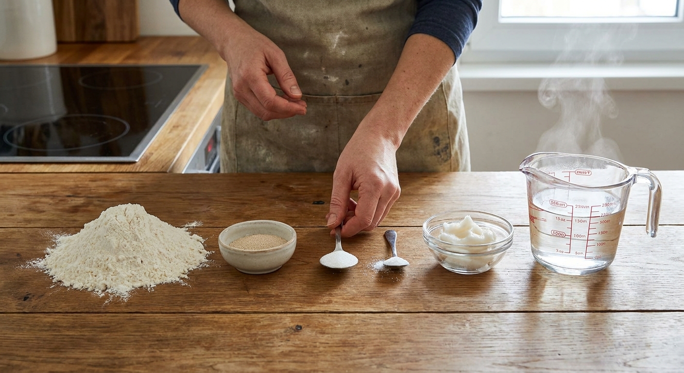 A neat lineup of ingredients for Cuban bread on a bright kitchen counter including flour, yeast, sugar, salt, a small bowl of lard or shortening, and a measuring cup of warm water