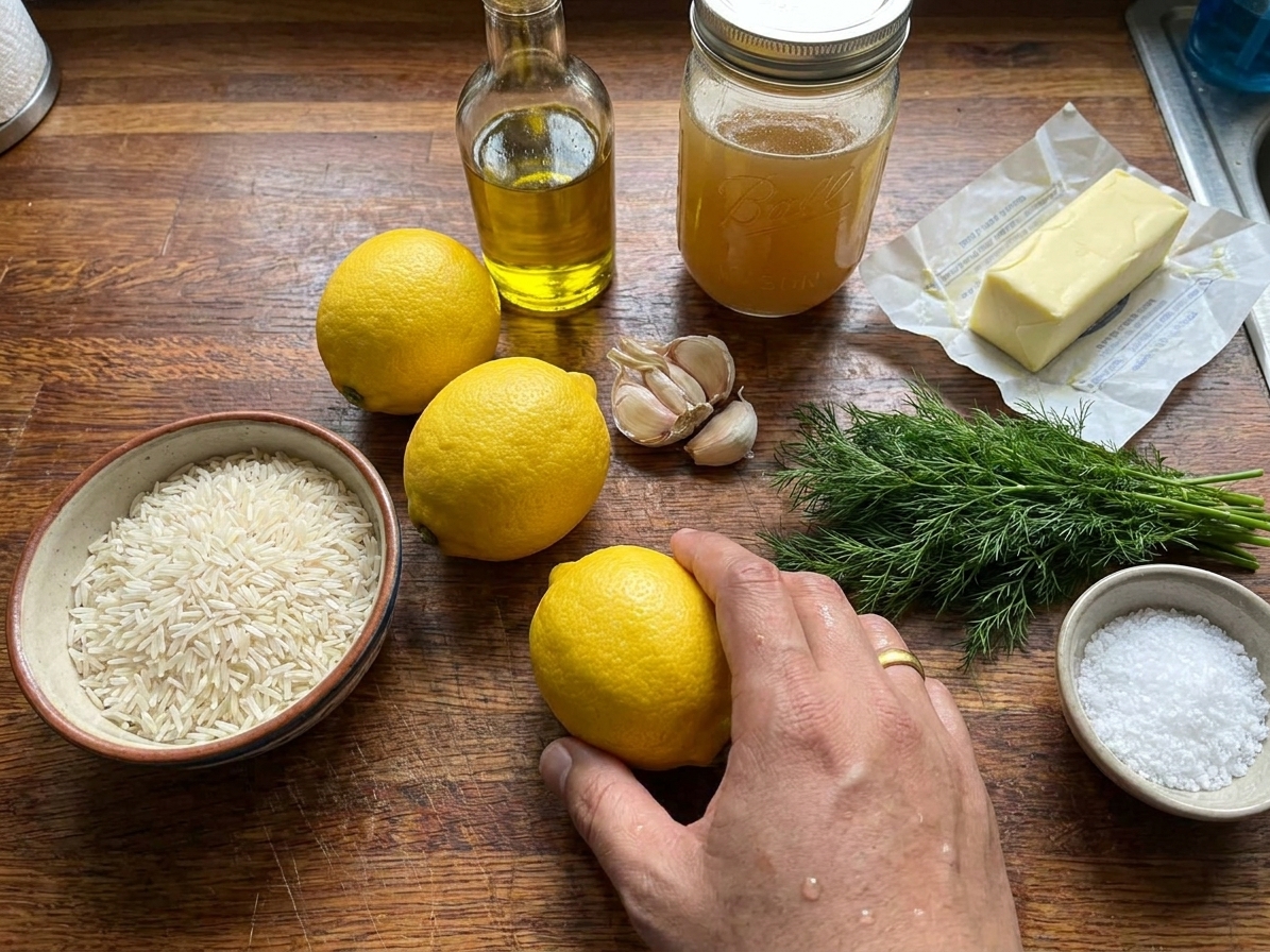 A neat lineup of ingredients for Greek lemon rice, including long-grain rice, lemons, garlic, olive oil, broth, butter, dill, and salt
