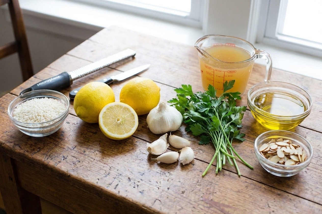 A neat lineup of ingredients for Mediterranean rice on a bright kitchen counter, including rice, lemons, garlic, parsley, broth, olive oil, and sliced almonds