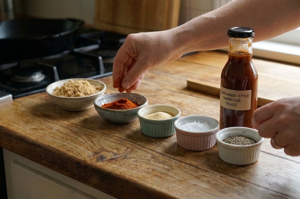 A neat lineup of ingredients for dry rub and barbecue sauce including brown sugar, paprika, garlic powder, salt, black pepper, and a bottle of barbecue sauce on a clean kitchen counter in natural light