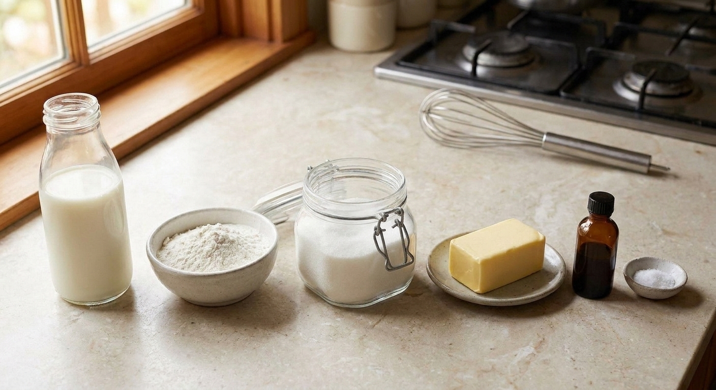 A neat lineup of ingredients for ermine frosting on a light stone countertop, including milk, flour, sugar, butter, vanilla, and salt