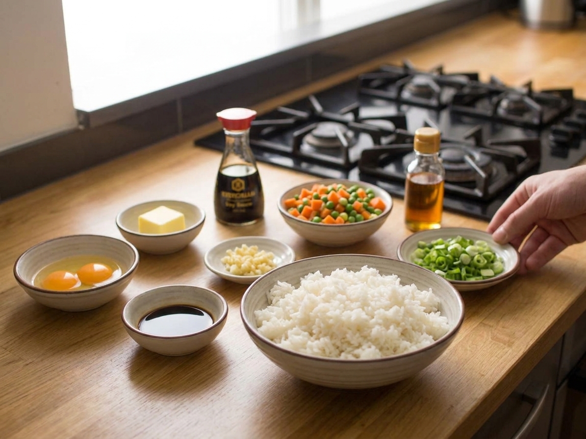 A neat lineup of ingredients for hibachi fried rice on a kitchen counter including cooked rice, eggs, butter, soy sauce, garlic, carrots, peas, sesame oil, and green onions