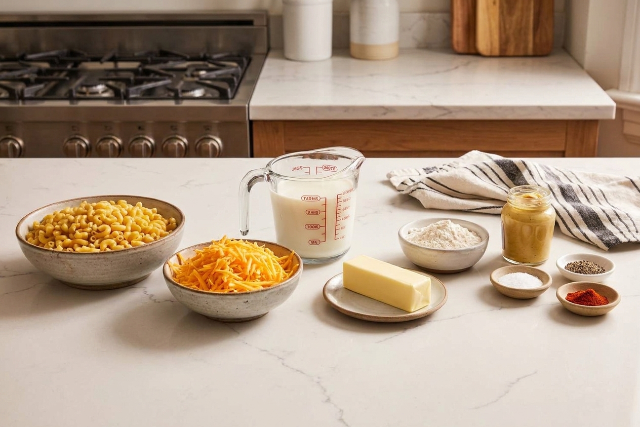 A neat lineup of ingredients for mac and cheese including elbow macaroni, shredded cheddar, milk, butter, flour, Dijon mustard, and seasonings on a clean kitchen counter in warm light