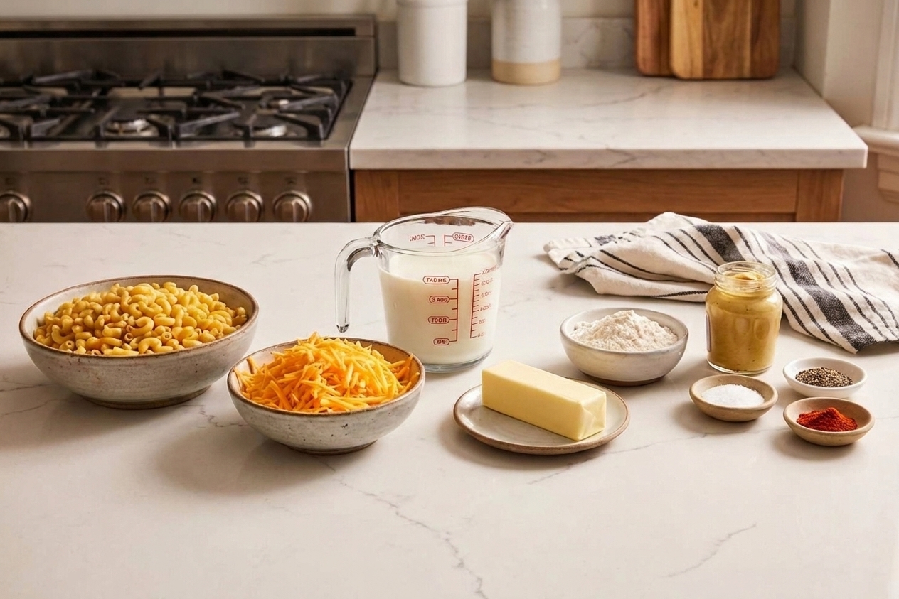 A neat lineup of ingredients for mac and cheese including elbow macaroni, shredded cheddar, milk, butter, flour, Dijon mustard, and seasonings on a clean kitchen counter in warm light