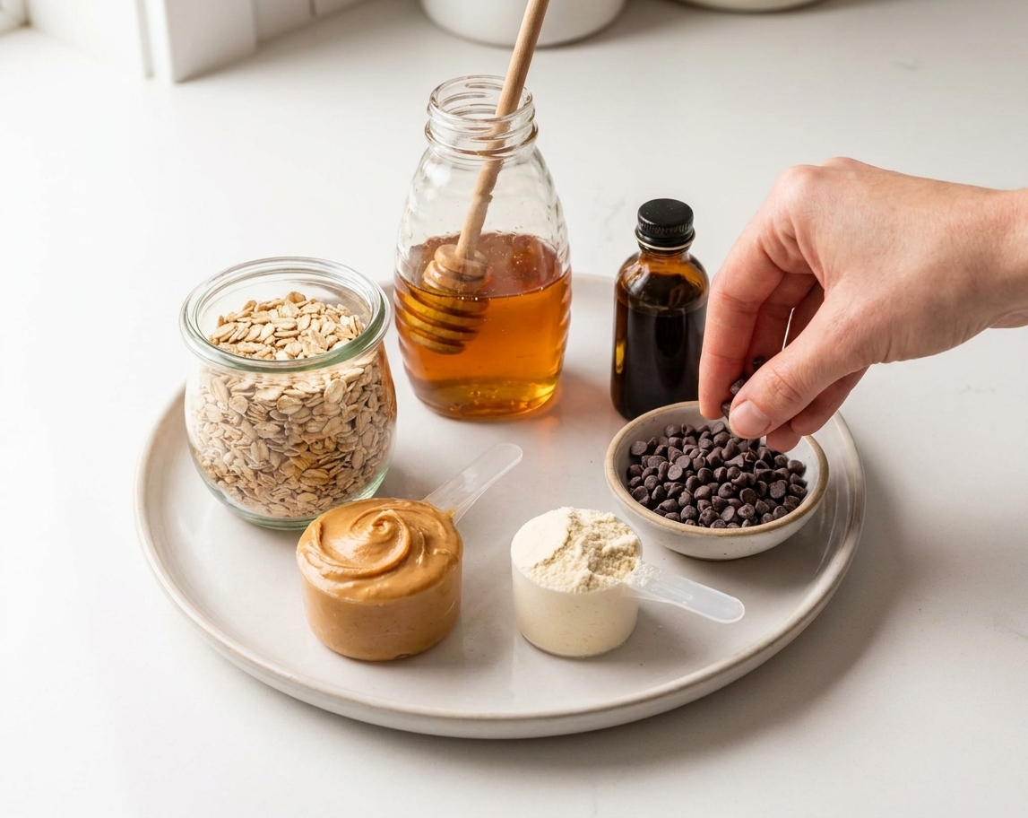 A neat lineup of ingredients for protein balls on a bright kitchen counter including oats, peanut butter, honey, vanilla, protein powder, and mini chocolate chips
