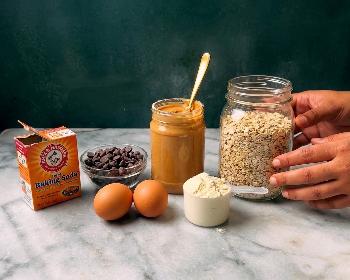 A neat lineup of ingredients for protein cookies on a light kitchen counter, including oats, peanut butter, protein powder, eggs, chocolate chips, and baking soda