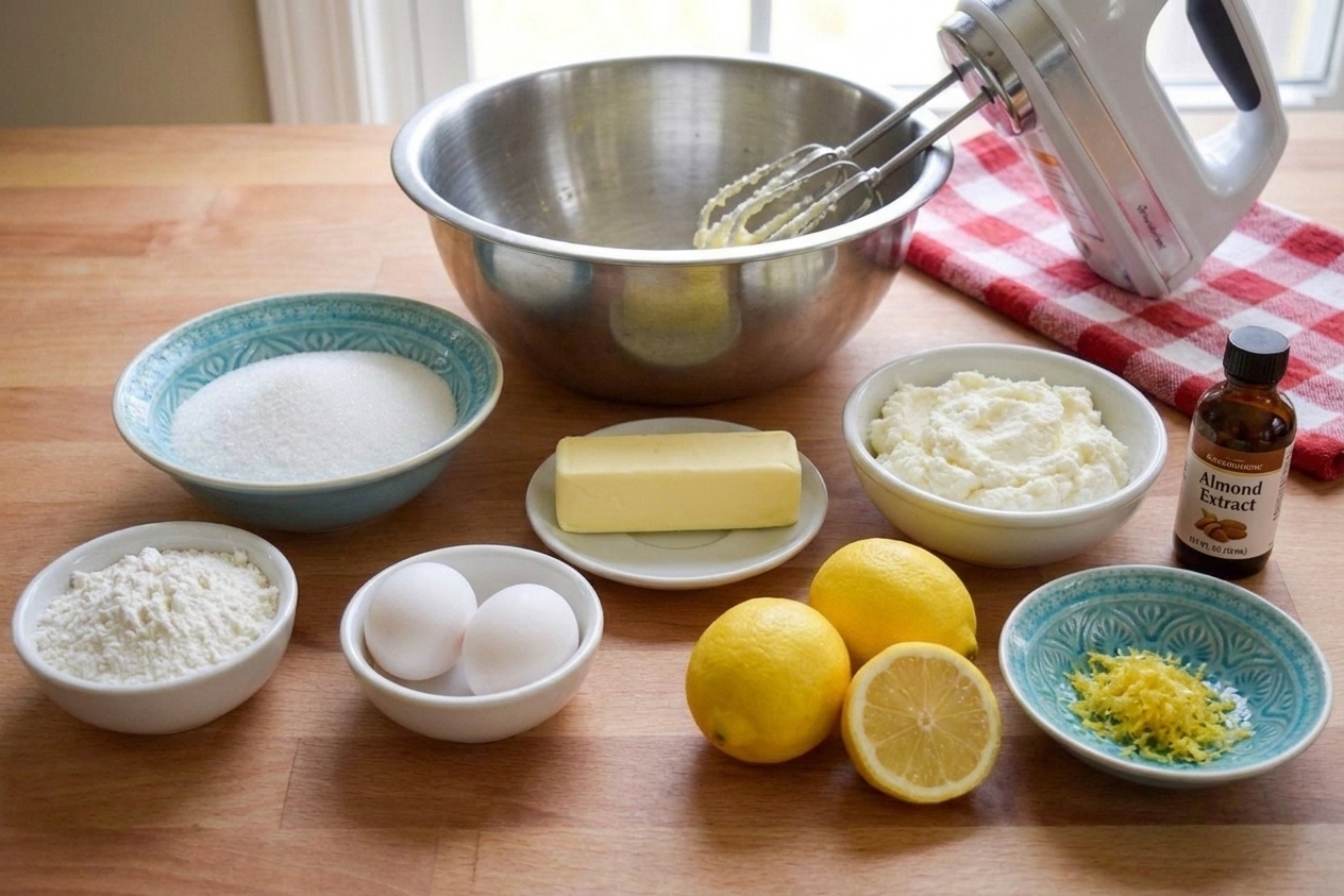 A neat lineup of ingredients for ricotta cookies including flour, sugar, eggs, butter, ricotta, lemons, and almond extract on a clean kitchen counter