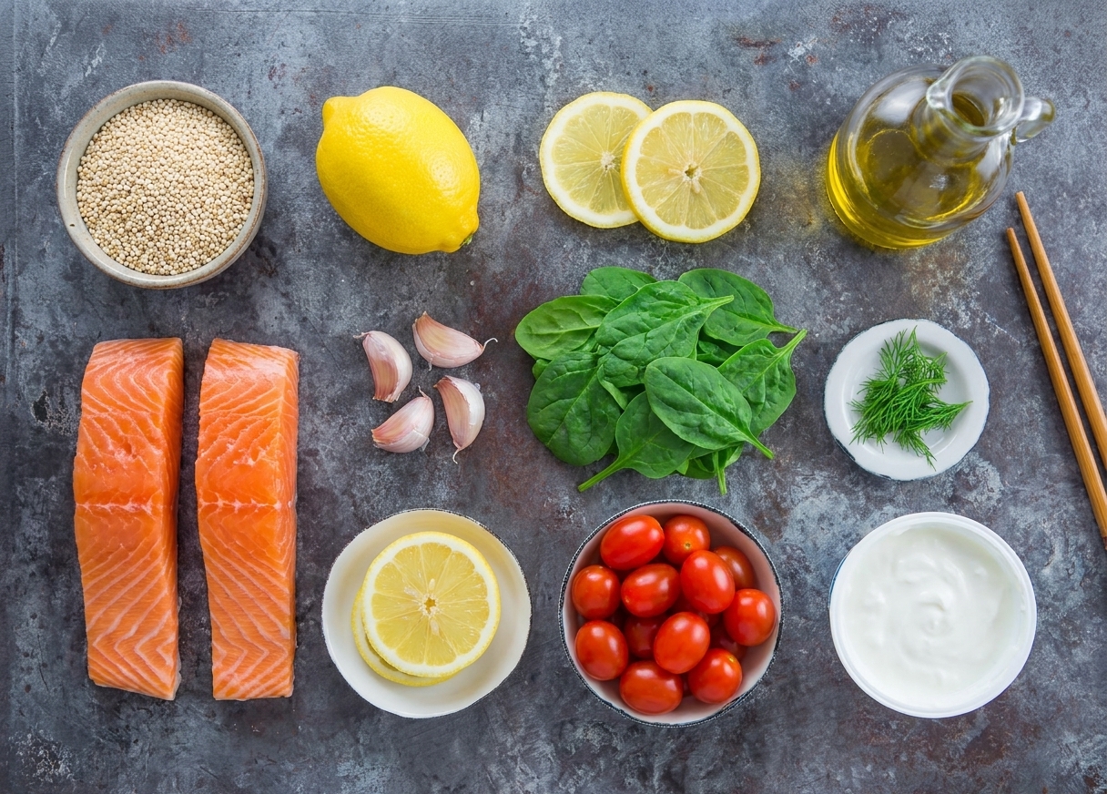 A neat lineup of ingredients for salmon bowls including salmon fillets, quinoa, lemons, garlic, spinach, cherry tomatoes, olive oil, and Greek yogurt arranged on a kitchen counter