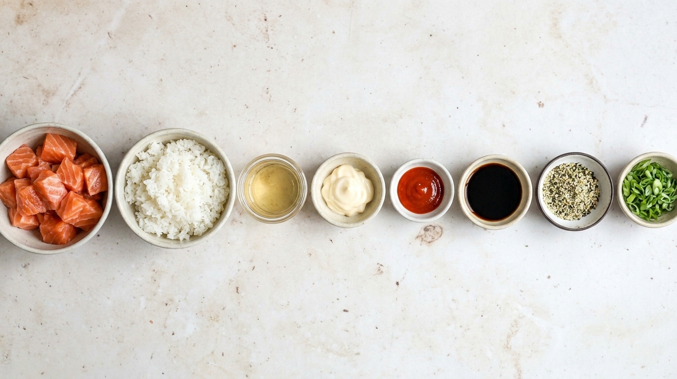 A neat lineup of ingredients for salmon sushi bake on a kitchen counter including salmon, cooked rice, rice vinegar, mayonnaise, sriracha, soy sauce, furikake, and green onions in small bowls