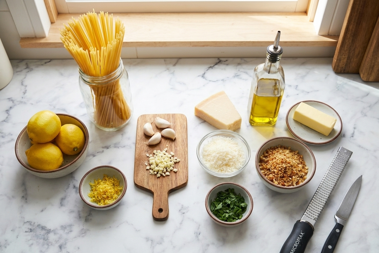 A neat lineup of ingredients on a home kitchen counter including pasta, lemons, garlic, parmesan, butter, olive oil, and breadcrumbs in small bowls