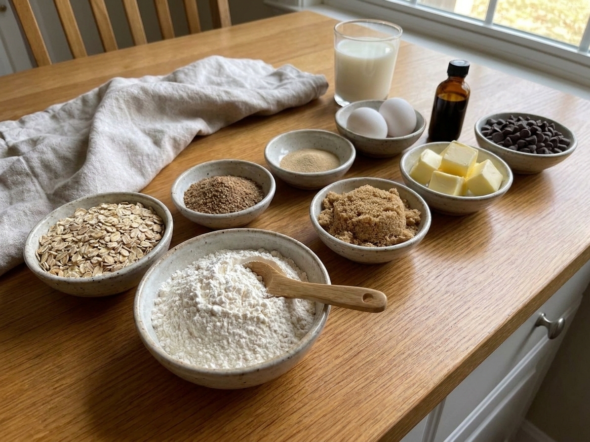 A neat lineup of ingredients on a kitchen counter including rolled oats, ground flaxseed, brewer’s yeast, flour, brown sugar, butter, eggs, vanilla, and chocolate chips in small bowls