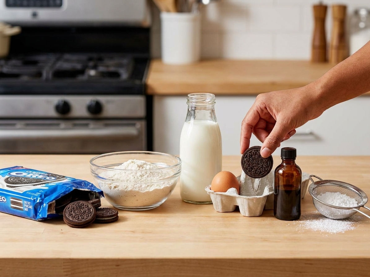 A neat lineup of ingredients on a kitchen counter including Oreos, pancake mix, milk, egg, vanilla, and powdered sugar
