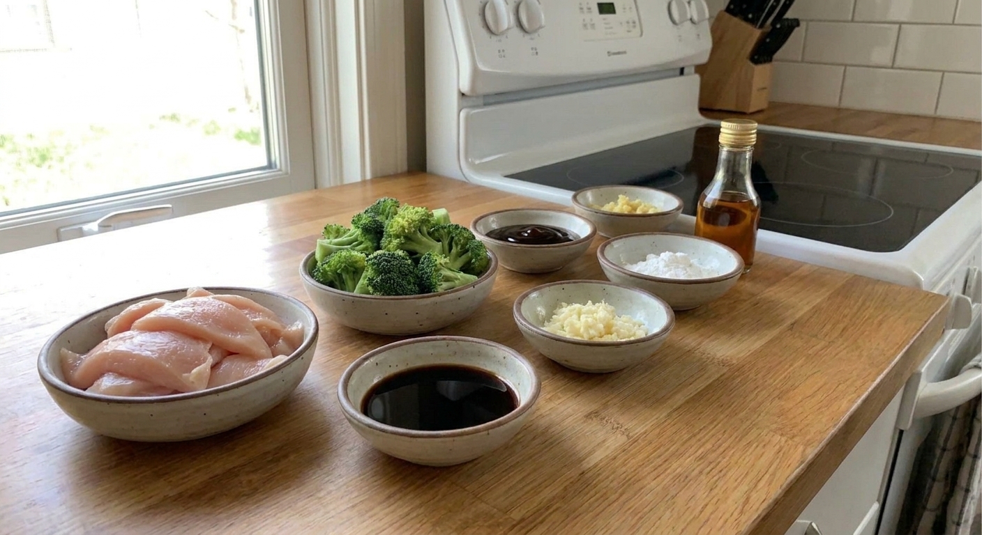 A neat lineup of ingredients on a kitchen counter including sliced chicken, broccoli florets, soy sauce, oyster sauce, garlic, ginger, cornstarch, and sesame oil in small bowls under soft natural light