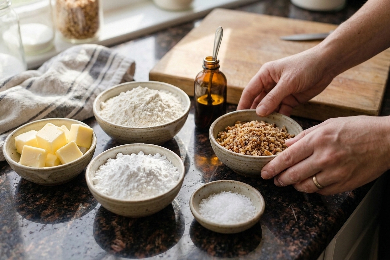 A neat lineup of ingredients on a kitchen counter including butter, powdered sugar, flour, vanilla, salt, and chopped toasted nuts in small bowls