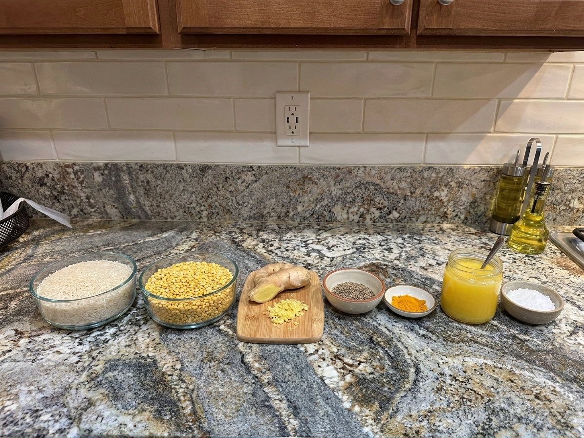 A neat lineup of khichdi ingredients including basmati rice, split yellow moong dal, ginger, cumin seeds, turmeric, ghee, and salt arranged on a bright kitchen counter