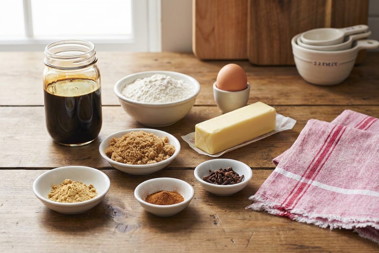 A neat lineup of molasses cookie ingredients including flour, spices, brown sugar, butter, egg, and a jar of molasses arranged on a kitchen counter in soft light