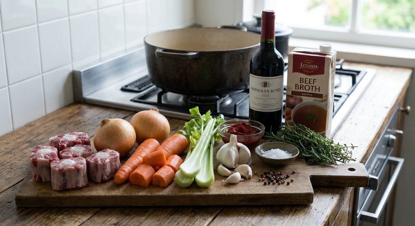 A neat lineup of oxtail, onions, carrots, celery, garlic, tomato paste, red wine, beef broth, and herbs arranged on a bright kitchen counter