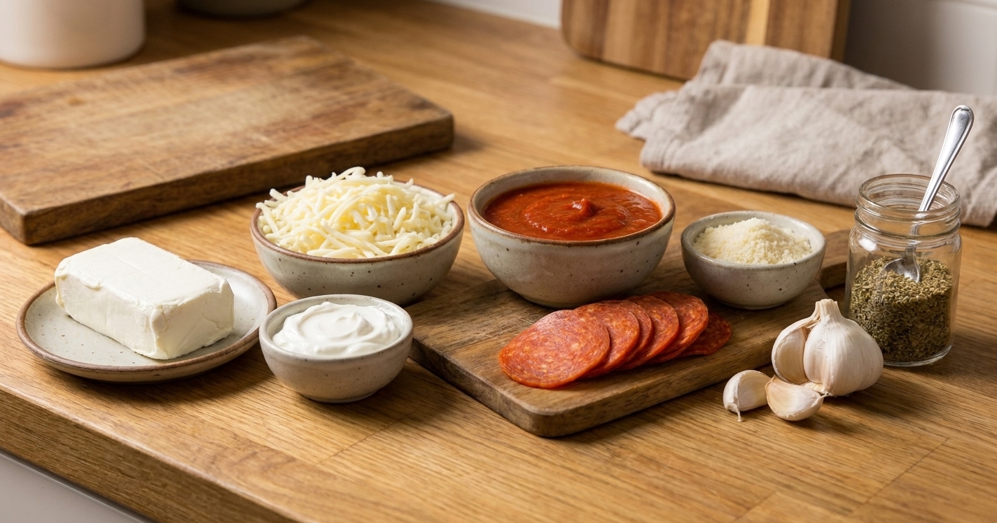 A neat lineup of pizza dip ingredients on a kitchen counter including cream cheese, sour cream, shredded mozzarella, marinara sauce, pepperoni, grated Parmesan, garlic, and Italian seasoning