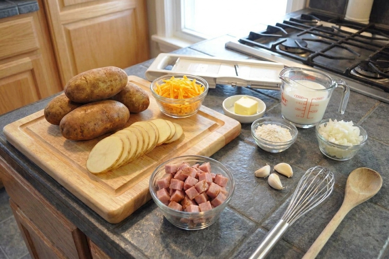 A neat lineup of potatoes, diced ham, cheddar cheese, milk, butter, flour, garlic, and onions on a bright kitchen counter ready for cooking