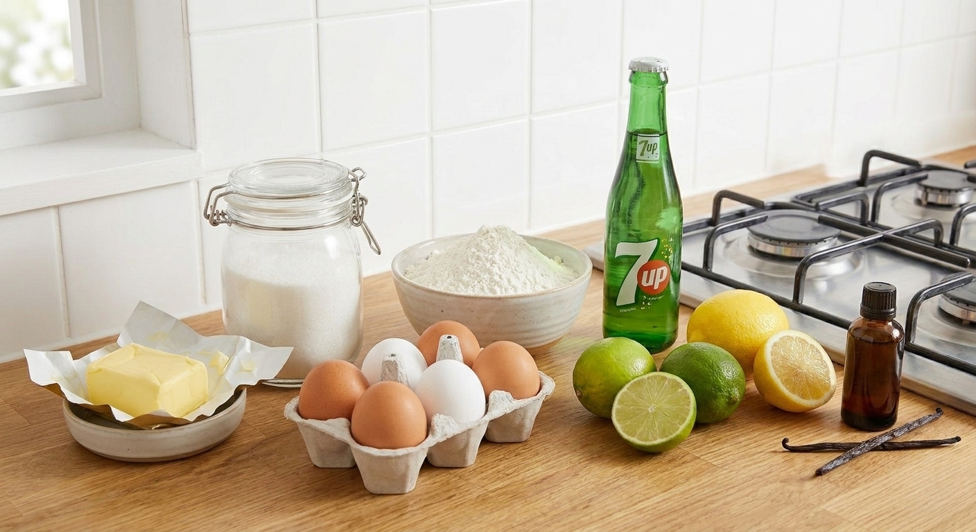 A neat lineup of pound cake ingredients on a light kitchen counter including butter, sugar, eggs, flour, 7Up, lemons, limes, and vanilla
