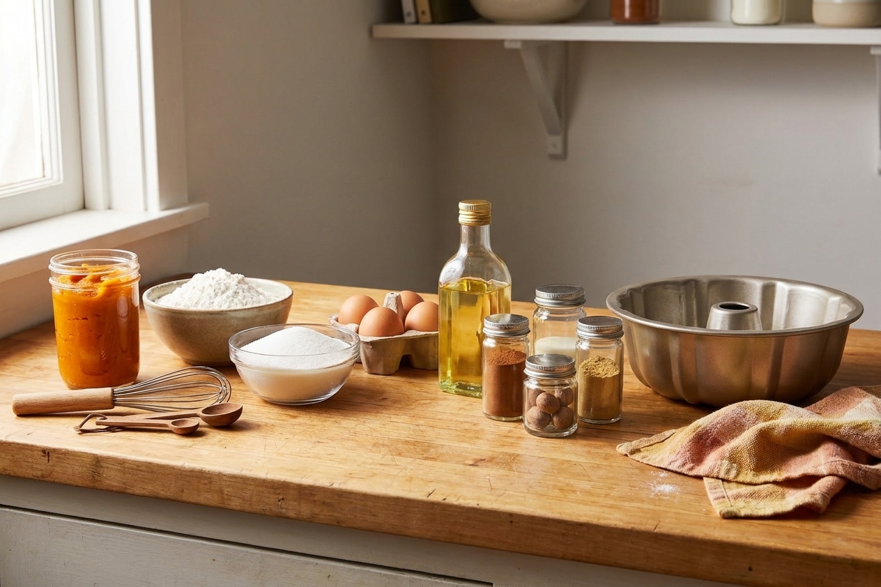 A neat lineup of pumpkin puree, flour, sugar, eggs, oil, spices, and a bundt pan arranged on a clean kitchen counter in natural light