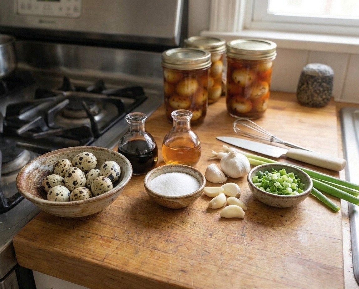 A neat lineup of quail eggs, soy sauce, mirin, sugar, garlic, and green onions on a light-colored kitchen counter with small prep bowls