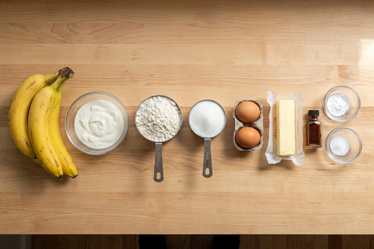A neat lineup of ripe bananas, yogurt, flour, sugar, eggs, butter, baking soda, vanilla, and salt arranged on a light kitchen counter
