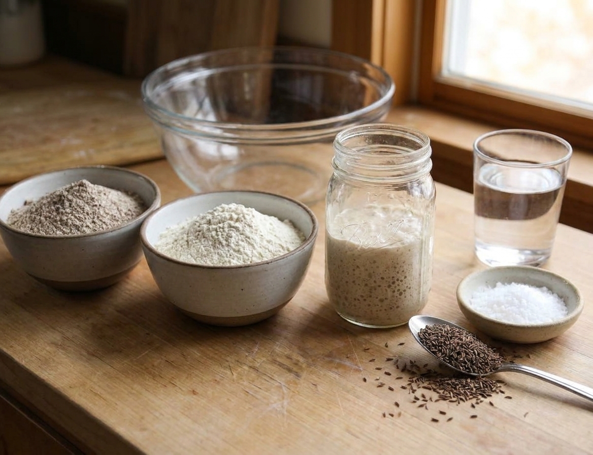 A neat lineup of rye flour, bread flour, sourdough starter, salt, caraway seeds, and a glass of water arranged on a bright kitchen counter with a mixing bowl