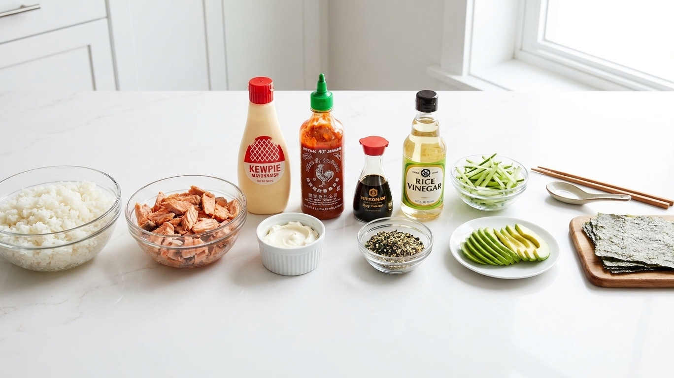 A neat lineup of sushi rice, salmon, cream cheese, Kewpie mayonnaise, sriracha, soy sauce, rice vinegar, cucumber, avocado, and nori on a bright kitchen counter