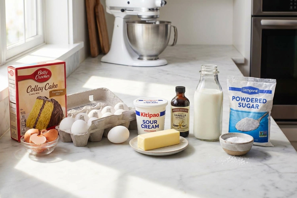 A neat lineup of yellow cake mix, eggs, sour cream, butter, vanilla extract, milk, powdered sugar, and a pinch bowl of salt on a clean kitchen counter in natural light