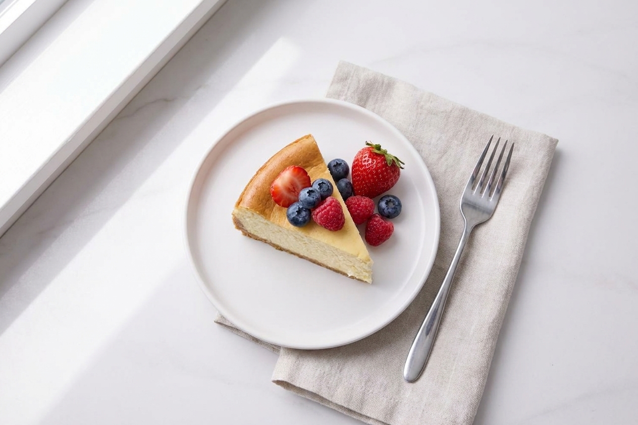 A neat slice of New York cheesecake on a plate topped with fresh berries beside a fork on a simple table setting