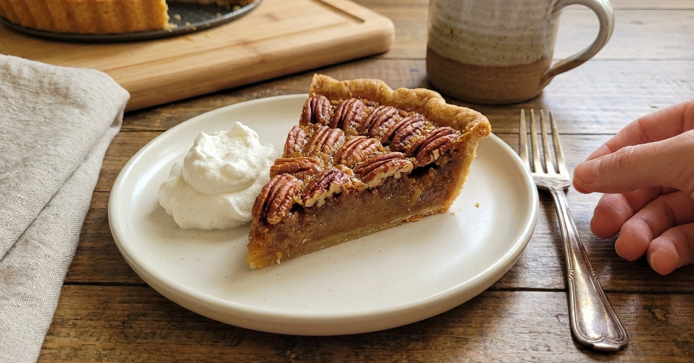 A neat slice of pecan pie on a dessert plate with a dollop of whipped cream on a wooden table