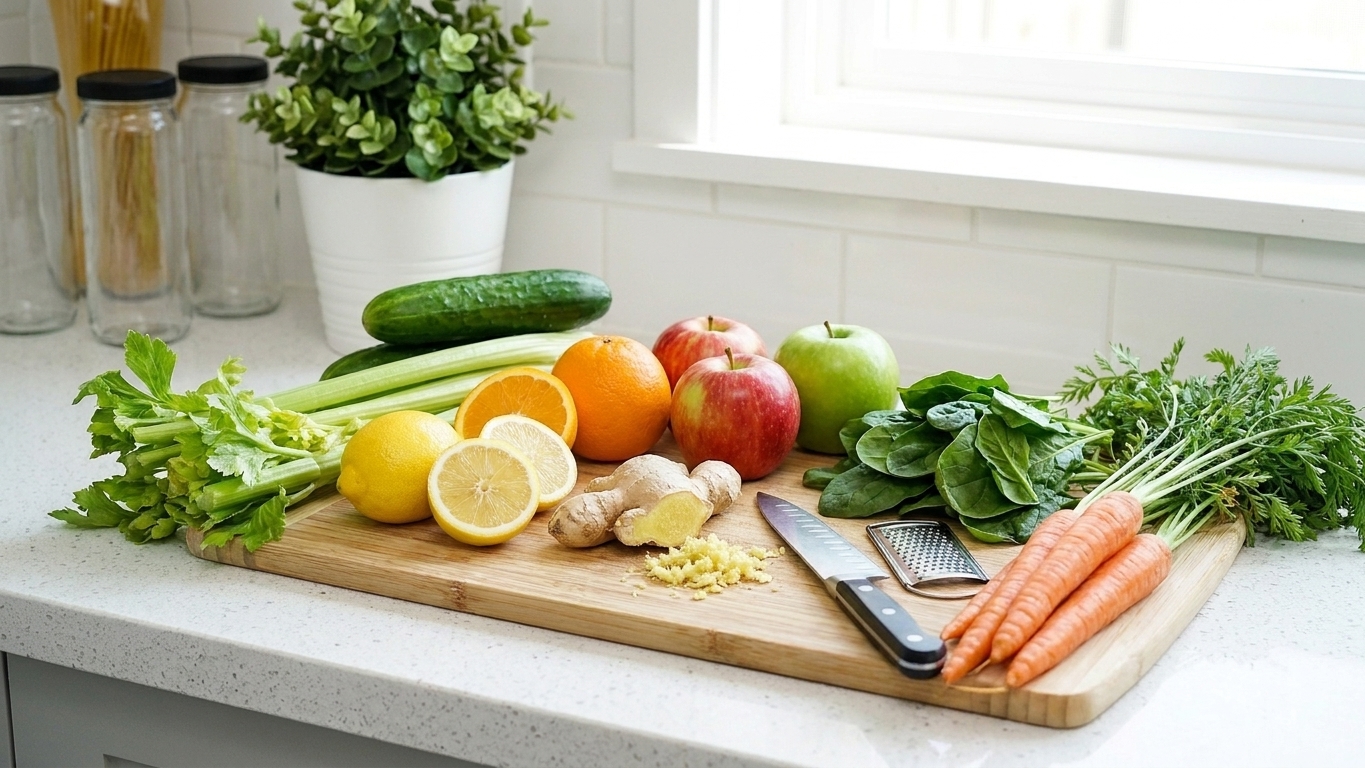 A neat spread of cucumbers, celery, lemons, oranges, apples, ginger, spinach, and carrots on a clean kitchen counter with a cutting board