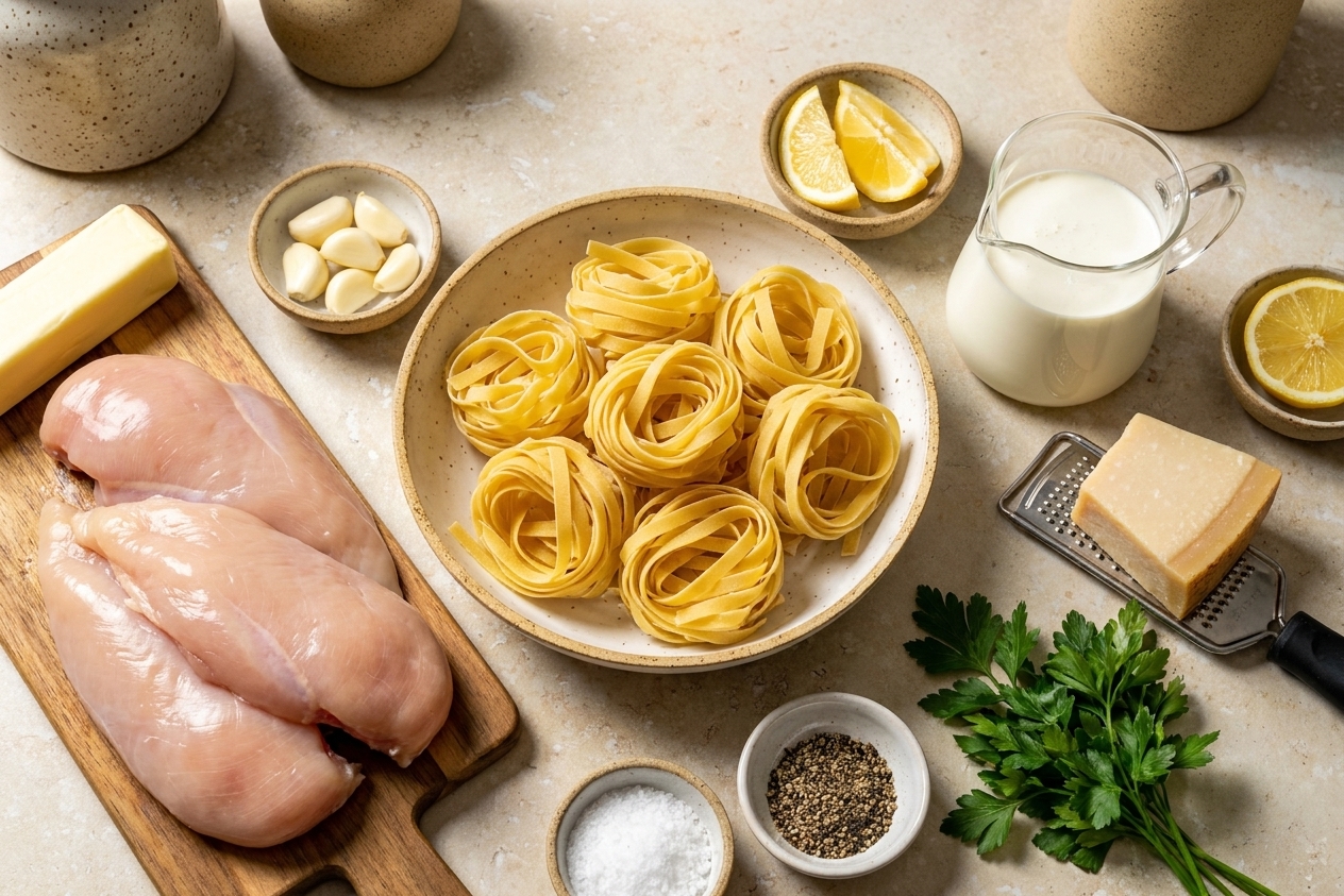 A neat spread of ingredients for chicken Alfredo on a kitchen counter including fettuccine, chicken breasts, butter, garlic, heavy cream, Parmesan, parsley, salt, pepper, and lemon